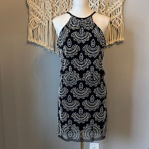 Xscape Black and White Patterned Beaded Mini Dress